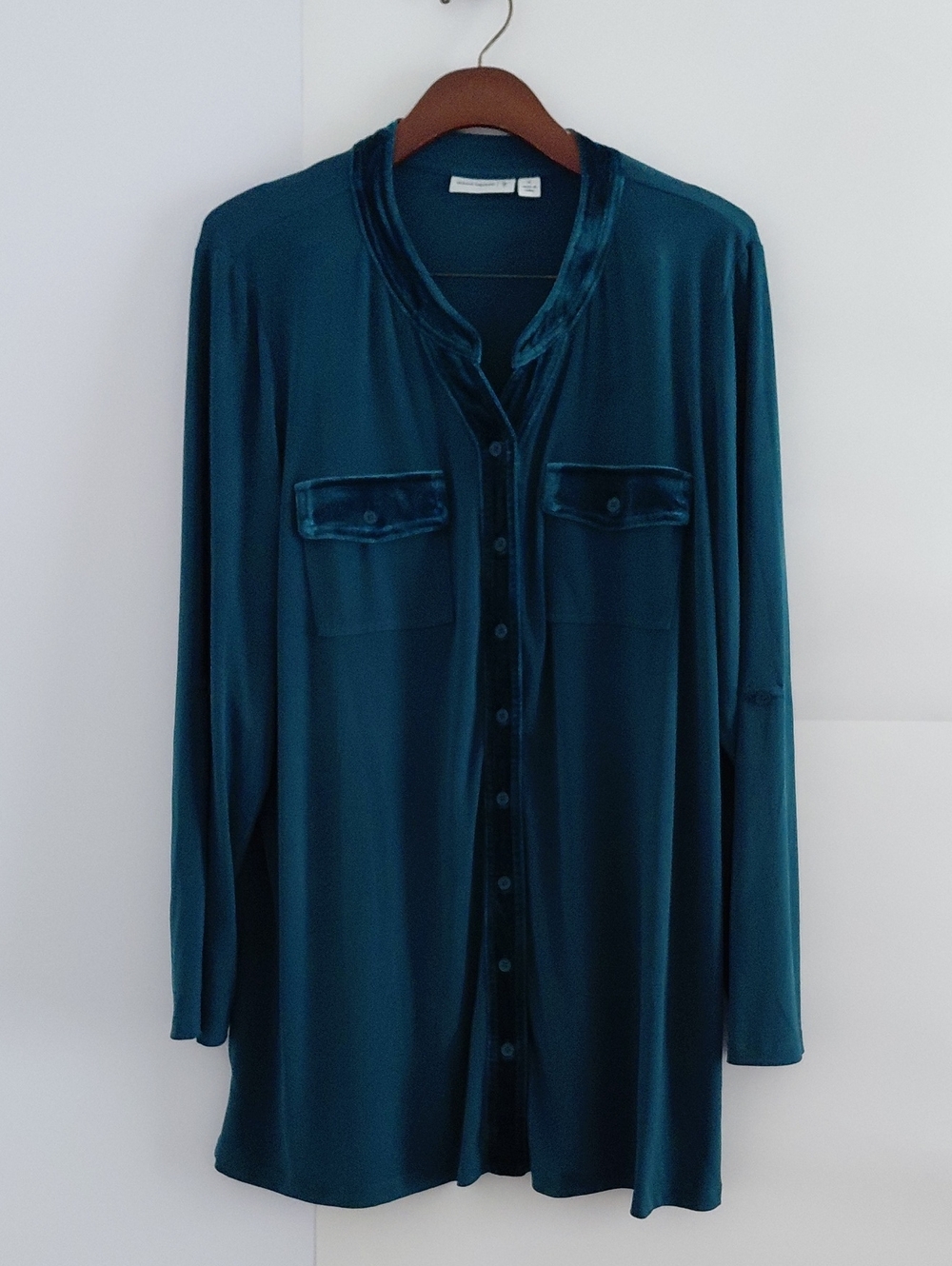 Susan Graver Teal Long-Sleeve Button-Front Blouse